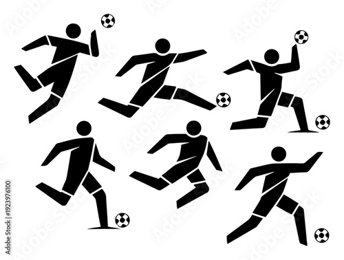 Set of black soccer player silhouettes performing various football match action poses