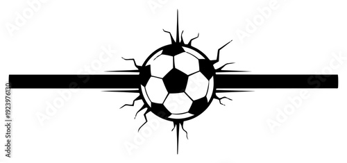Soccer ball breaking through a black horizontal line with cracks and splinters