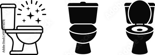 Toilet icon collection with clean, closed, and open lid bathroom symbols, minimalist sanitation illustration for hygiene, restroom, and plumbing design concepts