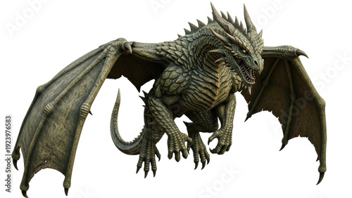 Foto Isolated menacing dragon mid-air, fantastical monster with powerful wings outstr