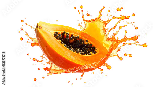 Half-cut papaya with black seeds surrounded by an orange liquid splash against black