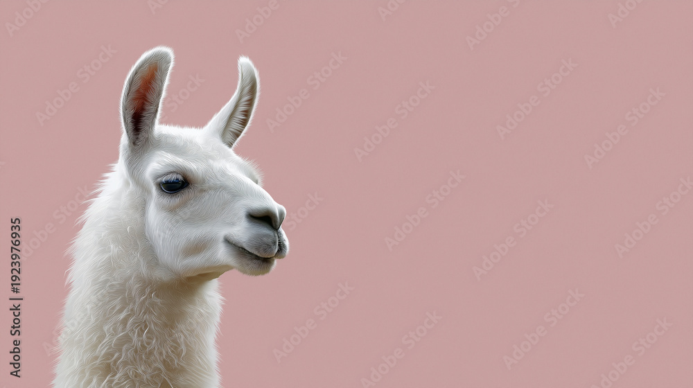 Fototapeta premium White llama portrait with funny expression isolated on blue background