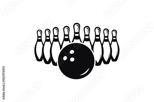 A black bowling ball sits poised to strike classic white pins with flooring