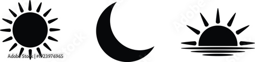 Sun, moon, and sunset silhouette icon collection representing day and night cycle, weather symbols, and natural time concepts