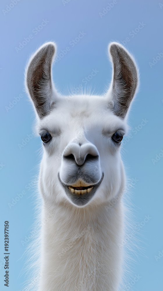Fototapeta premium White llama portrait with funny expression isolated on blue background