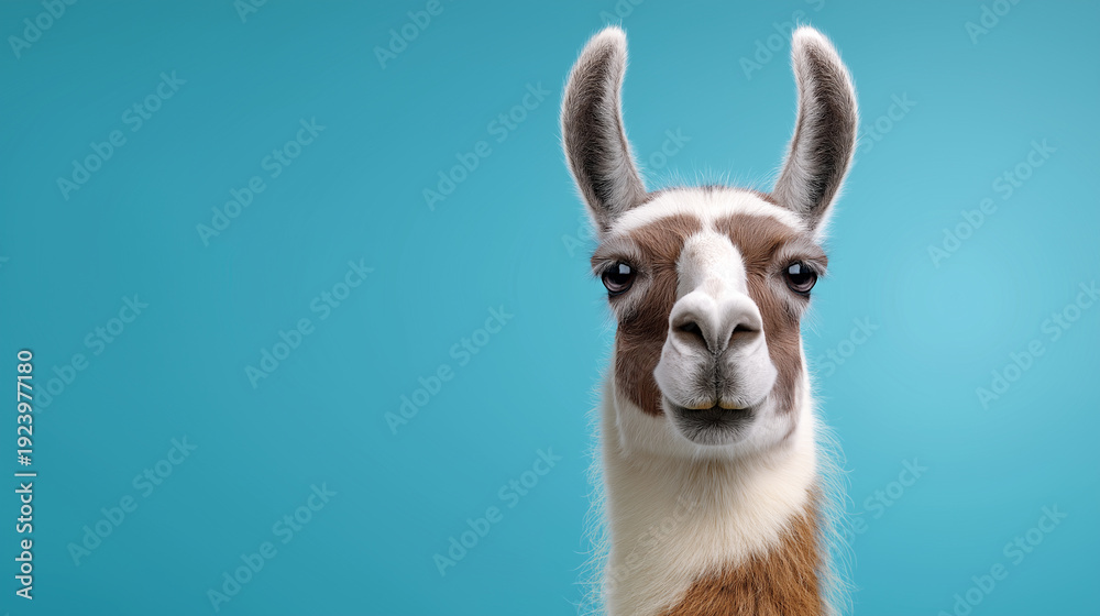 Fototapeta premium Llama portrait with long ears isolated on blue background