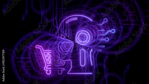 Artificial intelligence in retail and e-commerce concept with glowing neon purple human head and shopping cart on digital circuit background
