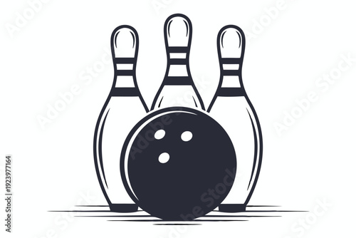 Three bowling pins stand behind a ball with action lines in black and white