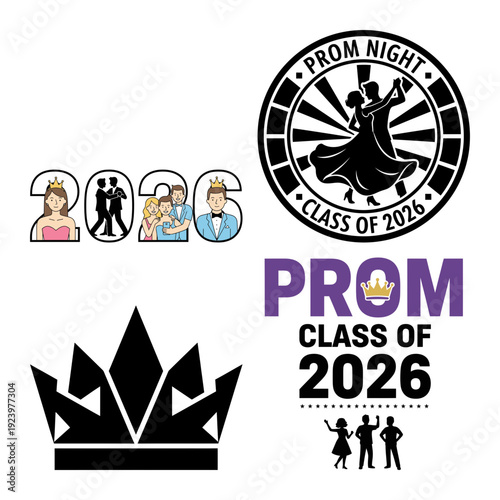 Prom class celebration logo bundle with crowns students and event badge icons