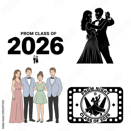 Prom class group icon bundle with dancing couple film emblem and celebration logo