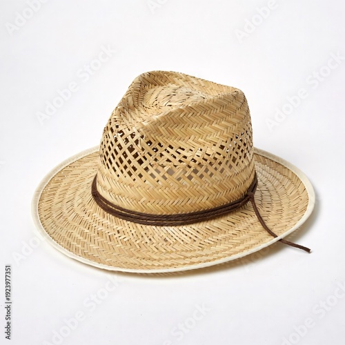 Woven Straw Fedora Hat with Brown Band on White Background