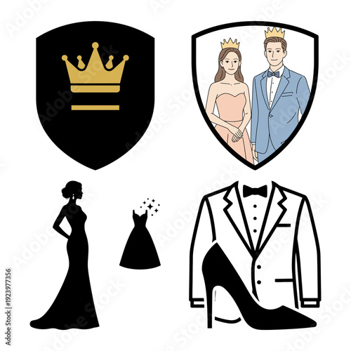 Prom night icon bundle with crowned couple tuxedo gown and shield badge