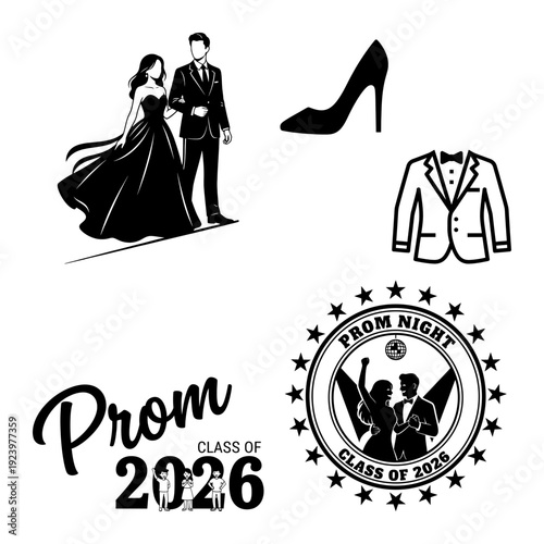 Prom couple and formalwear icon set with heels tuxedo script logo and star emblem