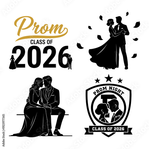 Prom script logo set with confetti dancing couple silhouettes and badge emblems