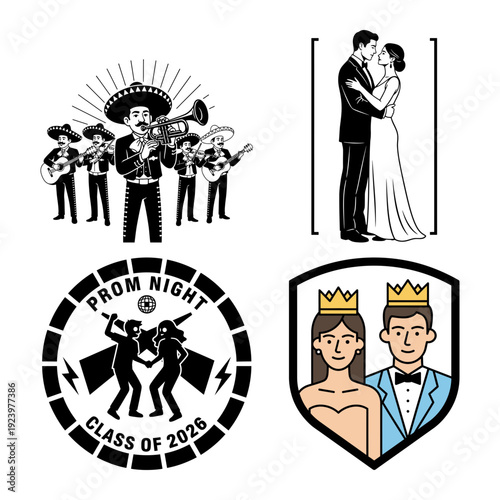 Prom party icon bundle with group celebration couple portrait shield badge and seal