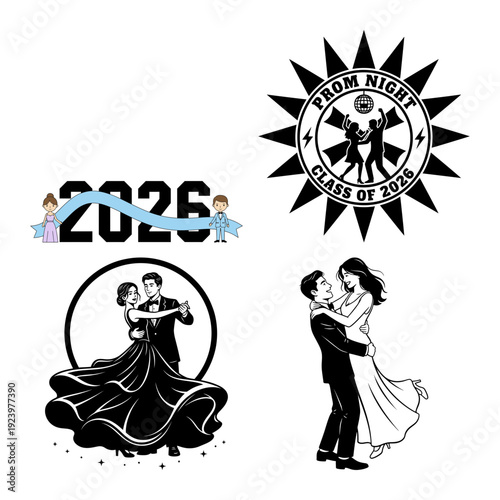 Prom night seal bundle with dancing couple silhouettes sunburst badge and class banner