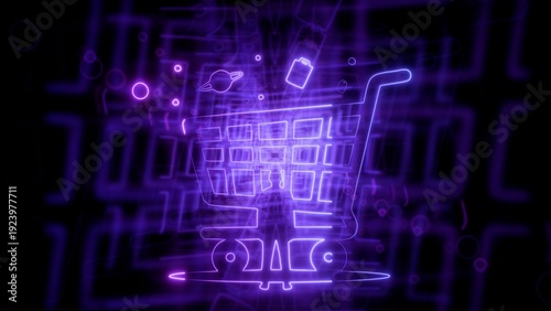 Neon glowing shopping cart icon in digital purple tech tunnel background, futuristic e-commerce online retail technology concept