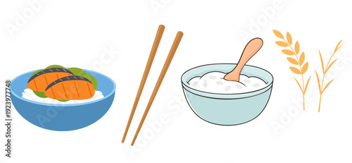 Salmon rice bowl with chopsticks and rice grain illustration set.