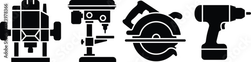 Power tools icon set featuring router, drill press, circular saw, and cordless drill silhouettes for construction, woodworking, and industrial equipment concepts