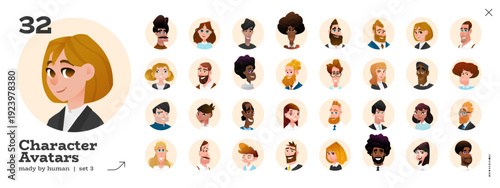 Character  Cartoon and Avatar People with Diverse Expert Faces for Business. A Flat Person Set with A Woman Icon, Man Headshot and Vector Head Design in A Round Design. Young and Old Collection