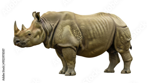 Tableau sur toile Isolated rhinoceros standing side view, majestic wild animal, prehistoric fauna