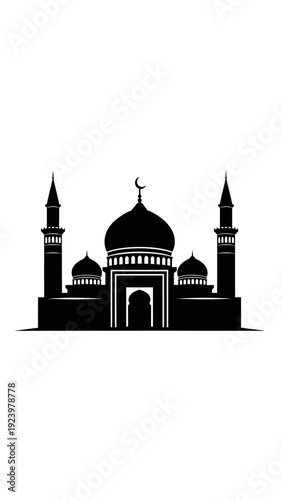 Islamic Mosque Silhouette with Minarets and Dome.