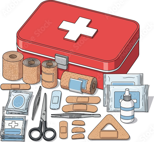 Comprehensive first aid kit illustration featuring red medical box with white cross bandages gauze scissors tweezers and antiseptic wipes for emergency preparedness and health