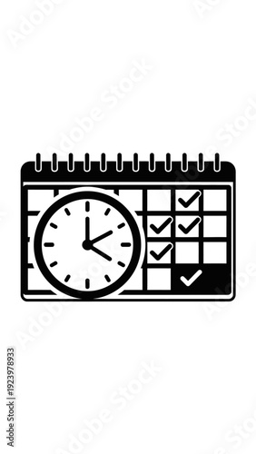 Calendar with Clock and Checkmarks Icon.