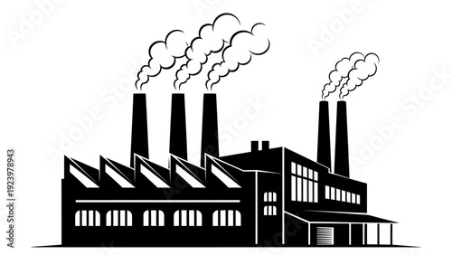 Industrial Factory Building with Smokestacks Emitting Smoke.
