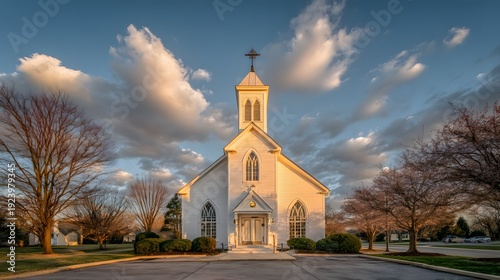 Easter church exterior morning light serene spring sky