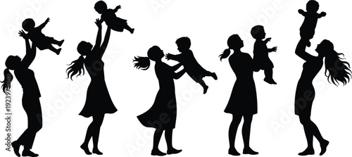 Mother and Child Silhouettes Playing and Lifting Baby in Different Loving Poses Isolated on White Background