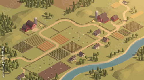 Isometric Low Poly Rural Village Landscape with Farms and River Settlement