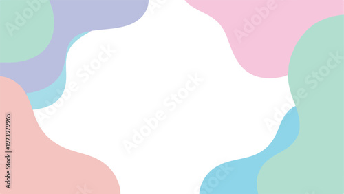 Abstract background with colorful shapes in pink, blue, green, and purple hues on a white base.