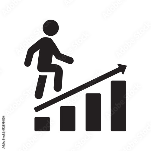 Figure walking up an inclined arrow over a bar graph. Concept of consistent growth, market momentum, steady business improvement, and reaching long-term financial objectives.