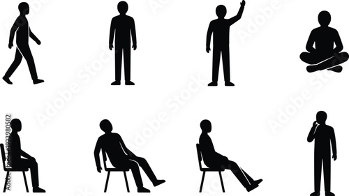 Human posture and activity silhouette icon collection featuring walking, standing, sitting, greeting, thinking, and meditation poses representing everyday lifestyle concepts