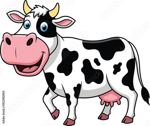 Cute cartoon dairy cow character with black spots and pink muzzle walking happily isolated on white background for vector illustration.
