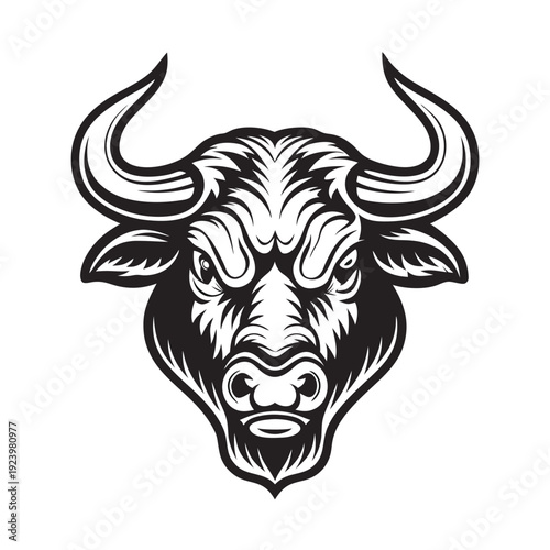 Bold monochrome bull head showcases curved horns and intense eyes, exuding strength and determination