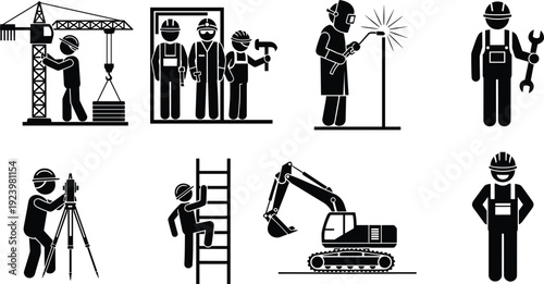 Construction worker icon set featuring engineer with crane, surveyor with tripod, welder, heavy excavator, builder on ladder, and industrial silhouettes.