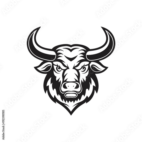 Monochrome bull mascot stares intensely beneath prominent horns, clad in structured collar