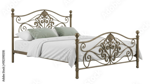 фотографія Isolated ornate bronze metal bedframe on neutral backdrop, vintage bedroom furni