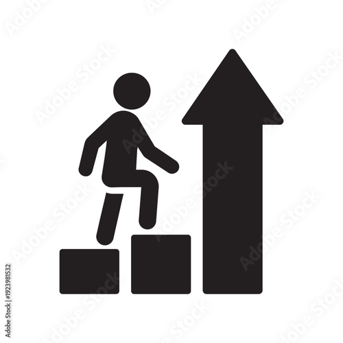 Minimalist icon of a person climbing steps leading to a large upward arrow. Symbolizes career progression, personal growth, moving up the ladder, and reaching success milestones.
