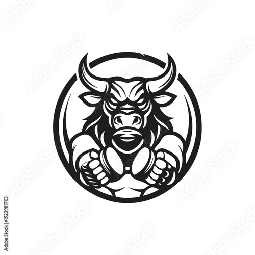 A strong, stylized bull head with prominent horns stares intensely forward, silhouetted against white