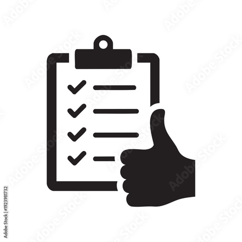 A hand giving a thumbs up with a checklist on a clipboard, approval, icon, graphic, illustration