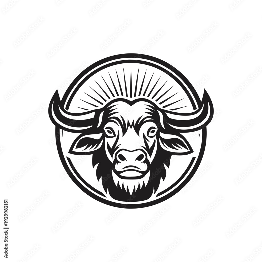 Obraz premium Majestic silhouette bull stands tall, its curved horns adding a powerful touch to its appearance