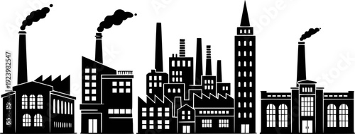 Black silhouette industrial factory buildings with smokestacks emitting smoke white background