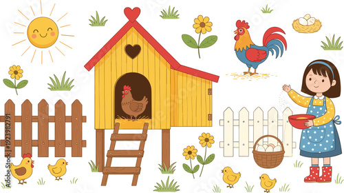 Cute Farm Chicken Coop Scene with Farmer Girl Rooster and Chicks