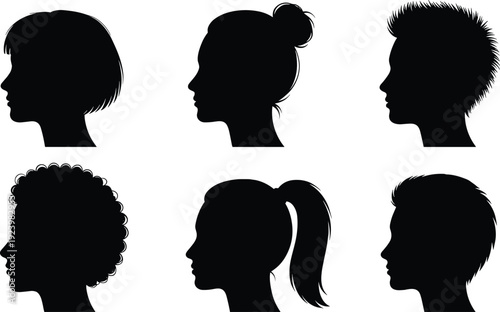 Collection of Male and Female Head Profile Silhouettes with Different Hairstyles Isolated on White Background