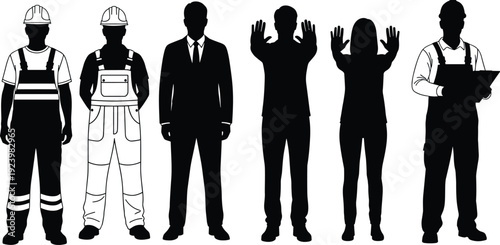 Group of construction workers silhouettes including engineer in suit and people showing stop hand gesture for safety and industrial site management