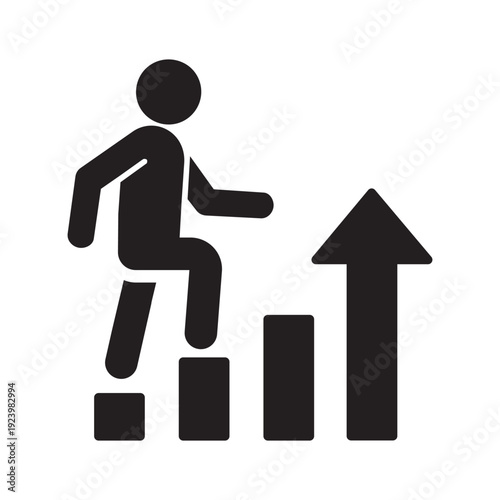 Stick figure climbing a bar chart with a vertical arrow. Represents financial success, increasing revenue, data-driven progress, and achieving higher business performance levels.