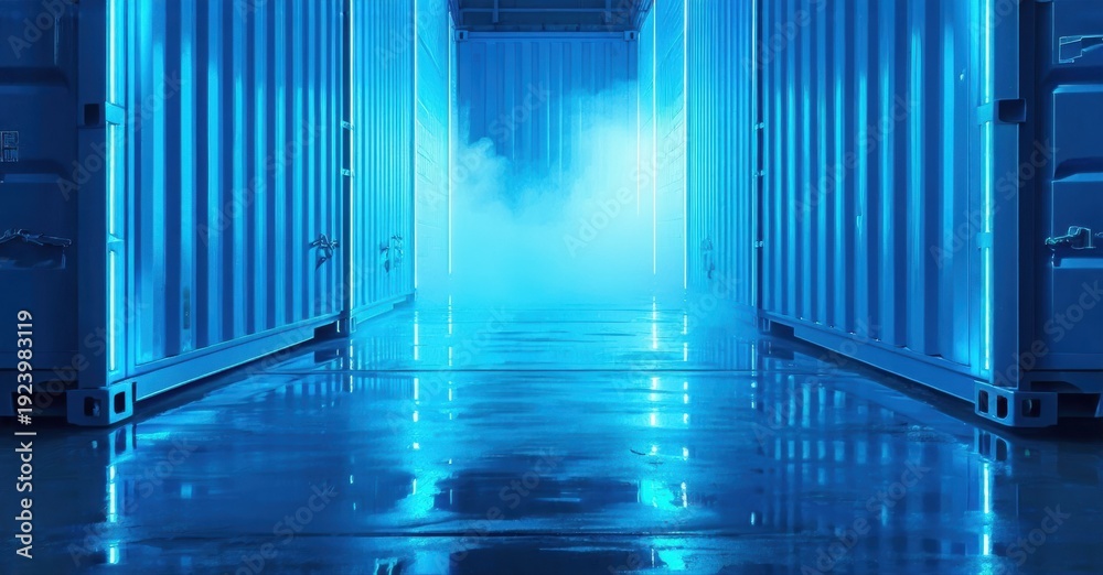 Fototapeta premium Long corridor formed by shipping containers. Blue light creates dramatic perspective, emphasizing depth. Wet floor reflects illumination.
